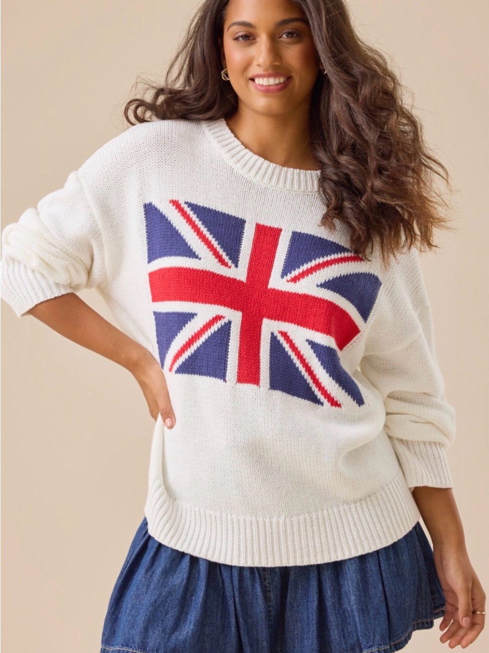Altar'd State Cream Union Jack Crewneck Sweater with Red & Blue Flag